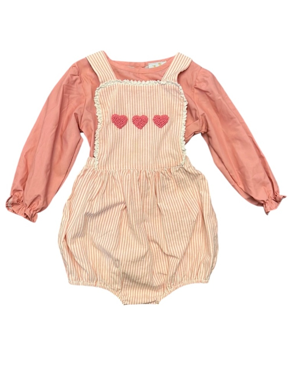 NWOT Busy Bee Smocks Pink Stripe bubble Romper french knot Hearts 3t